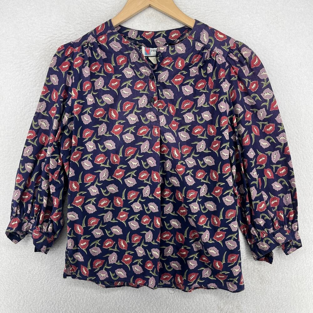PROPHECY Top Womens S Floral Popover 3/4 Sleeve Cotton Woven Boho Purple VTG
